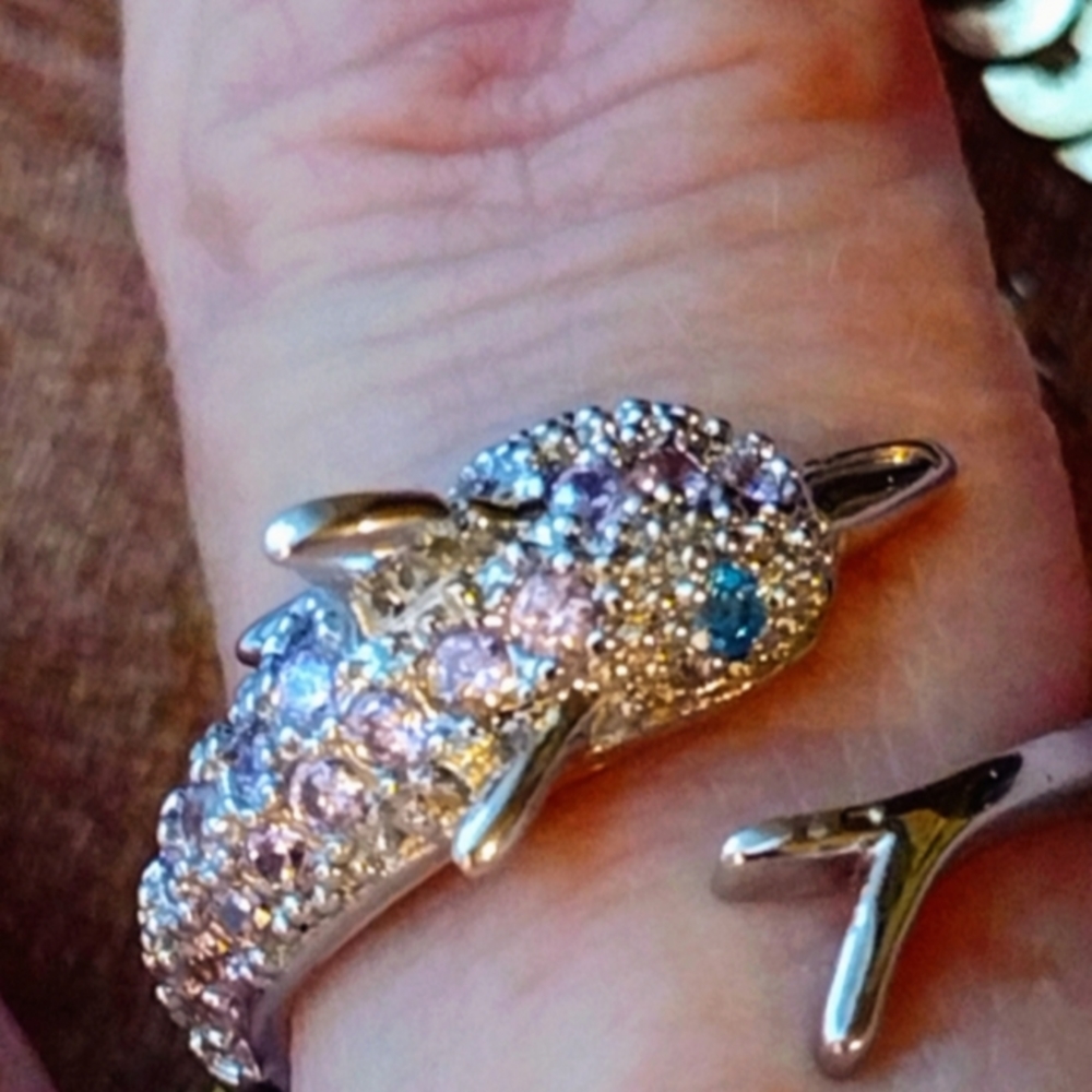 Size 7 - 925 Sterling Silver Plated White Pink Blue Topaz Dolphin Ring